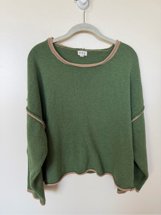 POL Sweaters - POL Green Oversized Knit Sweater with Tan Trim